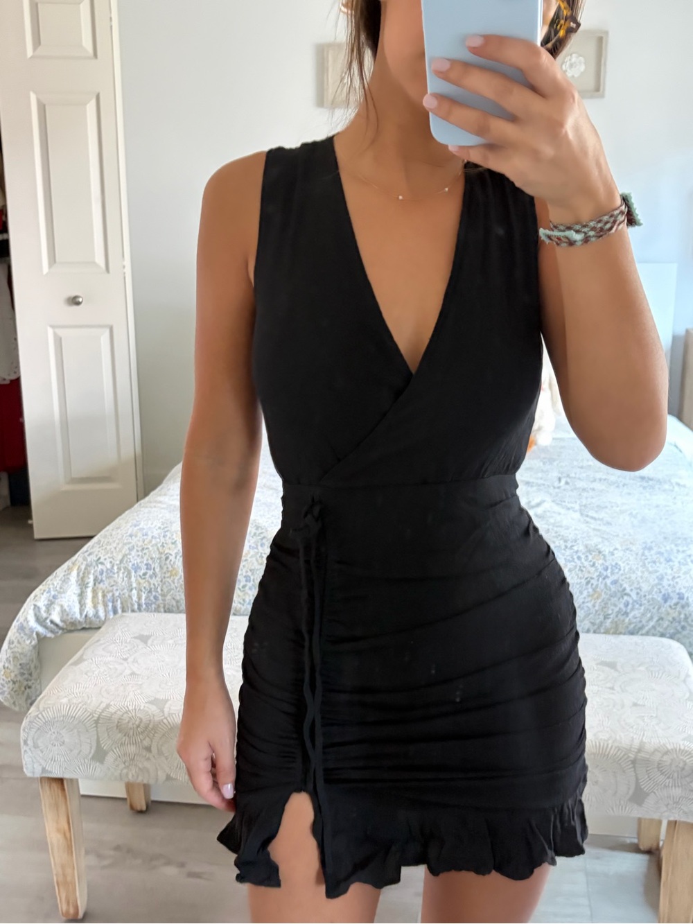 Forever 21 Black Sleeveless Wrap-Style Ruffled Mini Dress